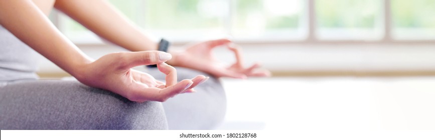 Close Up Of Woman Hand Practice Yoga Meditation Exercise At Home With Copy Space, Yoga Posture Banner