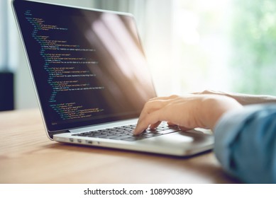 Close Up Woman Hands Coding Html And Programming On Screen Laptop, Development Web, Developer.