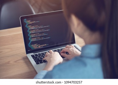 Close Up Woman Hands Coding Html And Programming On Screen Laptop, Development Web, Developer.