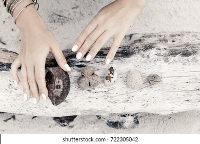 close up of woman hands holding ossicles on wooden background