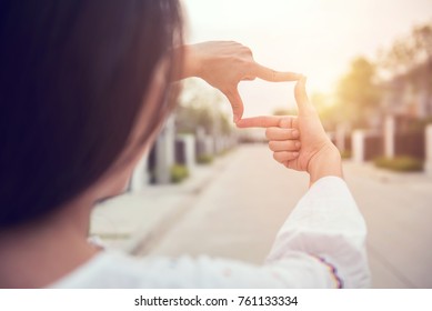 Close Up Of Woman Hands Making Frame Gesture With Sunlight Outdoor, Future Planning Concept.