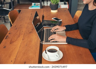 Close up woman hands typing keyboard using computer at home office. Unrecognizable person hands working at home type keyboard online working at home. Businesswoman using internet social media person - Powered by Shutterstock