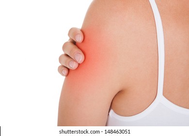 Close Up Of Woman Having Arm Pain Isolated On White Background