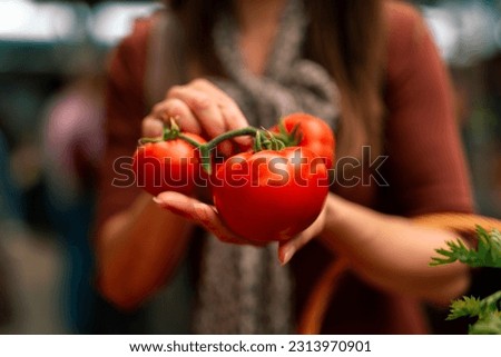 Close up of woman holding tomatoes in farmers market stall