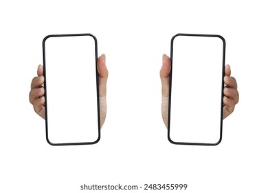 close up woman left and right hand hold and showing smartphone with blank screen isolated on white background for marketing or advertisement and design concept - Powered by Shutterstock