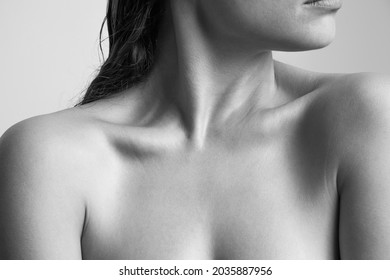 Close Up Of Woman Neck And Shoulders Natural Beauty Skin Studio Shot Black And White