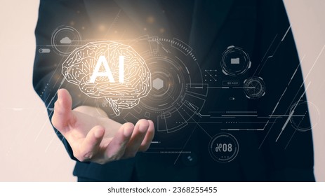 Close up woman open hand holding AI brain.Artificial Intelligence or AI analysis information.Technology and science,machine learning system.Hi-tech and futuristic world.Digital concept background. - Shutterstock ID 2368255455