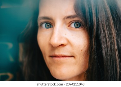 Close Up Woman Portrait. Green Eyes. Selective Focus. 