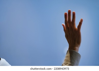 Close Up Of Woman Raising Her Hand. Employee Speak Up Freely, Support And Citizen Oath Concept. 