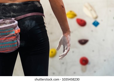 Close Up Of Woman Ready For Practice Rock Climbing On Artificial Wall Indoors. Active Lifestyle And Bouldering Concept.