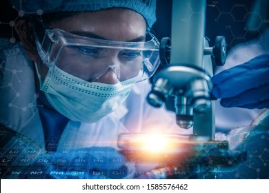 Close Up Of Woman Scientist Looking To Microscope In Clinical Laboratory Over Hydrogen Chemical Formula And Dna Molecule Structure. Science, Chemistry, Technology, Biology, People Concept 