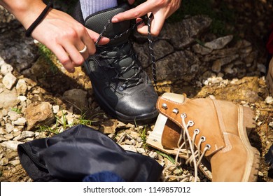 Close Up Woman Tying Hiking Boots