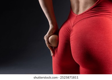 Close up of woman using wooden yoga massage ball on buttock in red tank top on dark background, self care and relaxation techniques. Self massage tool, cellulite removal concept - Powered by Shutterstock