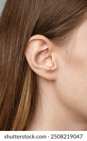 Close Up of a Woman's Ear With Brown Hair