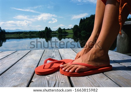 Image, Stock Photo Women’s summer shoes and hat for beach holidays