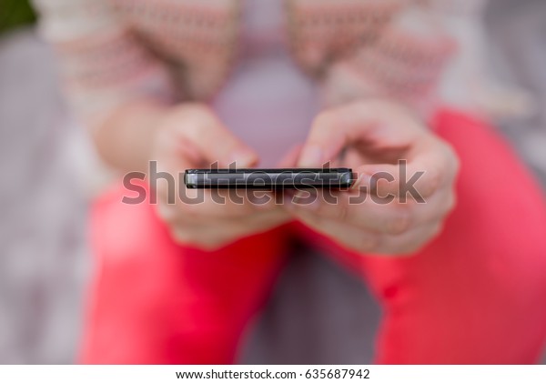 Close Womans Hand Hold Mobile Phone Stock Photo Edit Now