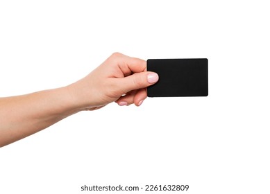 Close up of womans hand holding blank black card