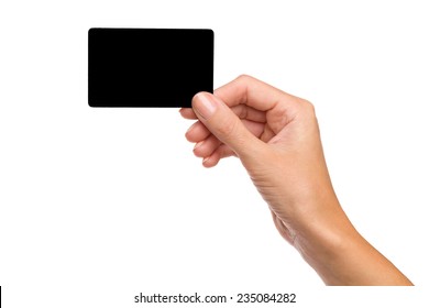 Close Up Of Woman's Hand Holding Blank Black Card. Studio Shot Isolated On White.