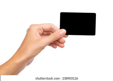 Close Up Of Woman's Hand Holding Blank Black Card. Studio Shot Isolated On White.