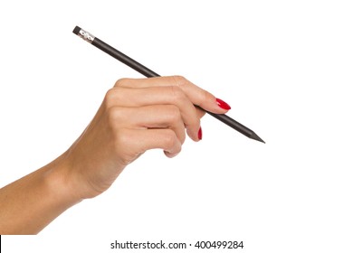 Close Up Of Woman's Hand With Red Nails Holding Black Pencil. Studio Shot Isolated On White.