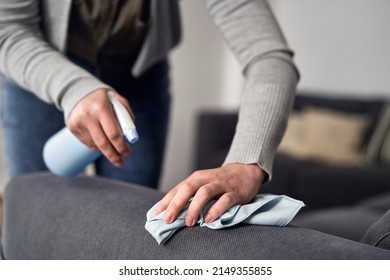 Close Up Of Woman's Hands Cleaning Stain From Sofa At Home 