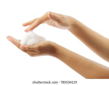 Close up of woman's hands with foam isolated on white background, clipping path. - Shutterstock ID 785534119