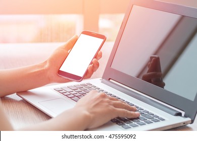 Close Up of woman's hands using mobile phone and laptop computer business with blank copy space screen for your business advertising text message or content, business in the morning light.