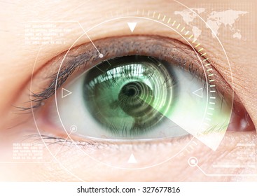 Close up women eye scanning technology in the futuristic, operation, lasik, cataract.