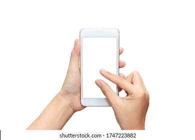 Close up women's hand holding smartphone and hand gesture zoom out with blank white screen for put it on your own webpage or message isolated on white background