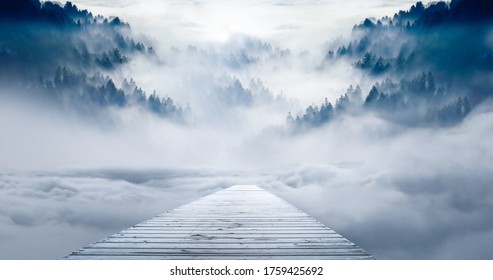 Close up of wooden bridge in the winter fog with copy space - Powered by Shutterstock