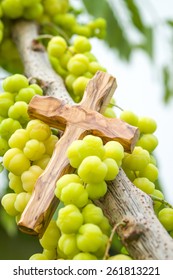 Close up of wooden cross with star gooseberry, symbolic of fruitfulness for religion background  - Shutterstock ID 261813221