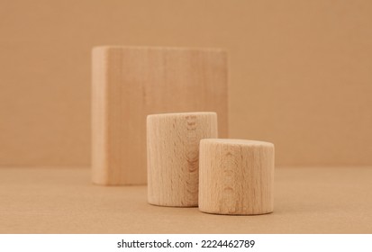 Close Up Wooden Eco Rustic Platform Podium, On Beige Kraft Paper Background. Minimal Empty Display Product Presentation Scene.