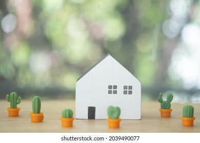 Close up of wooden mini house toy with mini cactus plant pot on wooden table.