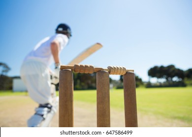 Close up of wooden stump by batsman standing on field against clear sky - Powered by Shutterstock