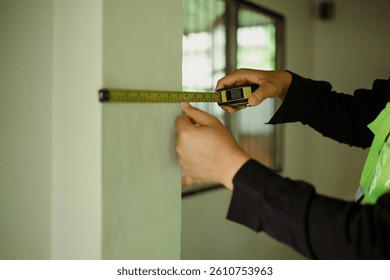 Close up of worker using measuring tape to check wall dimensions at a construction site