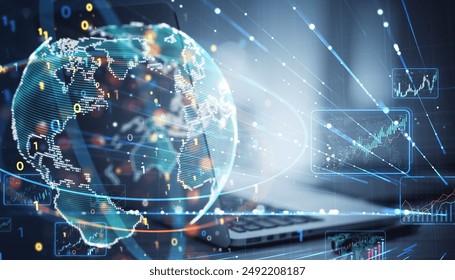 Close up of workplace with computer, supplies and creative binary coding globe on blurry background. World map and global business technologies concept. Double exposure