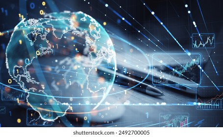 Close up of workplace with laptop, supplies and creative binary coding globe on blurry background. World map and global business technologies concept. Double exposure