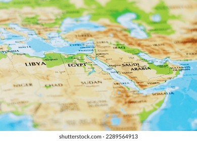 close up of a world map with african asian side, egypt and saudi arabia in focus