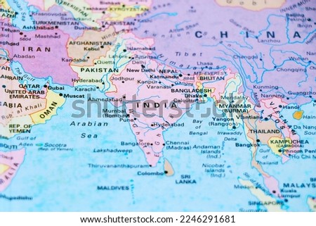 close up of a world map with asian side, India subcontinental in focus