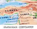 close up of a world map with syria and turkey in focus