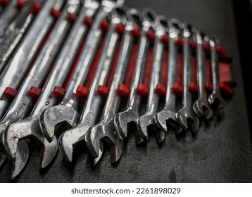 close up of wrenches in tool box 