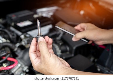 Close up xenon headlamp of the car in Technician's hand and use smartphone check spec and stock list for maintenance in the car service center
  - Powered by Shutterstock