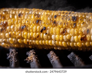 Close up of Yellow corn on the cob in sunlight on a grill with char marks  on the kernals and smoke rising - Powered by Shutterstock