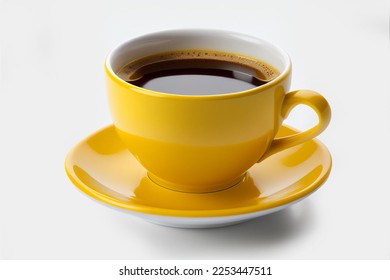 Close up yellow cup of black coffee isolated on white background with clipping path. A mug of coffee.