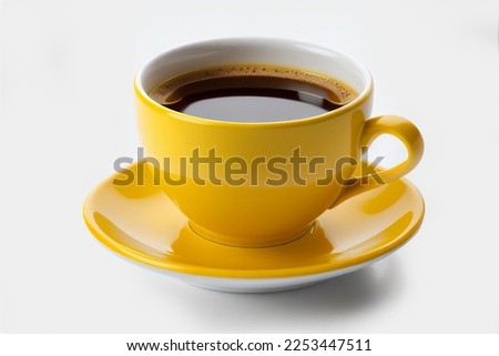 Close up yellow cup of black coffee isolated on white background with clipping path. A mug of coffee.