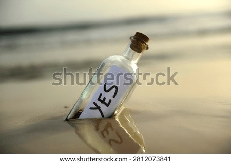 Close up of yes message in a bottle. Yes at sunset. Bottle on the beach, washed ashore by the tide, containing an affirmative answer, positive message. Affirmative response sent. Background of a misty beach landscape with soft waves out of focus and blurred
