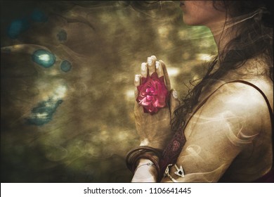 close up of yoga woman hands in namaste gesture with rose flower, vintage look  - Powered by Shutterstock