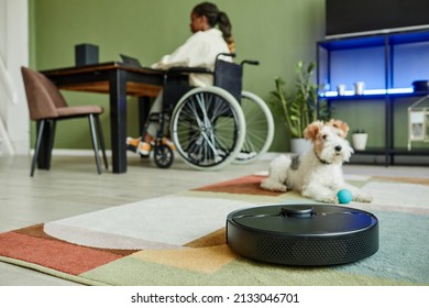 Close Up Of Young African American Woman Using Wheelchair While Working At Home Office With Smart Home Accessible Devices, Copy Space