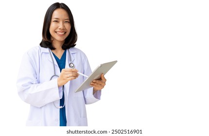 close up young asian doctor pediatrician woman smile and hold digital tablet for record of OPD isolated on white background for healthcare worker and png design concept - Powered by Shutterstock