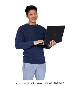 close up young asian freelancer man hold laptop and type while looking isolated on transparent background for png design as business and working people concept - Powered by Shutterstock